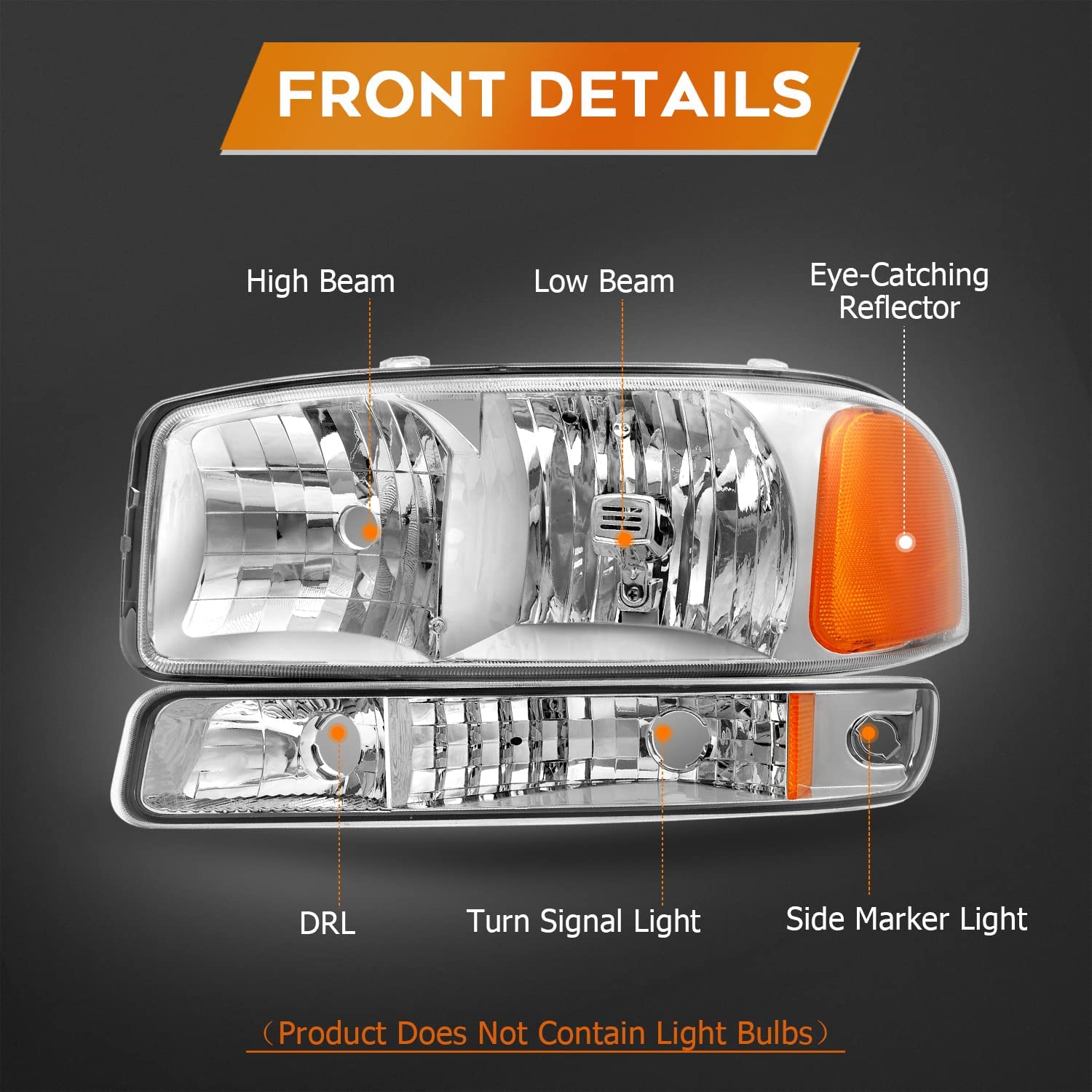 Lbrst Headlight Assembly For Gmc Sierra 1500 19992006 Classic 2007 Chrome Housing Amber Reflector Clear Lens Driver And Passenger Side Headlamp - JSI Racing 