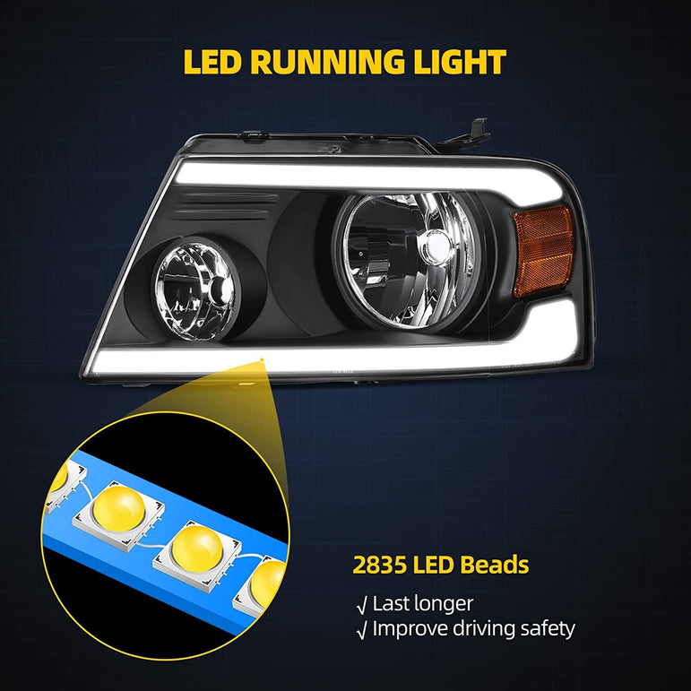 2004-2008 Ford F150 Switchback Turn Signal Headlights With Black Housing - JSI Racing 