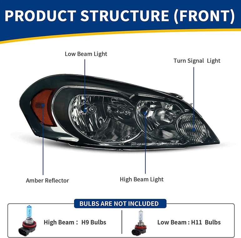Autosaver88 Headlight Assembly Compatible With 20062013 Chevy Impala 06 07 Monte Carlo Replacement Headlamp Driving Light Chrome Housing Amber Reflector Clear Lens 25958359 25958360 A Black Smoke Oe - JSI Racing 