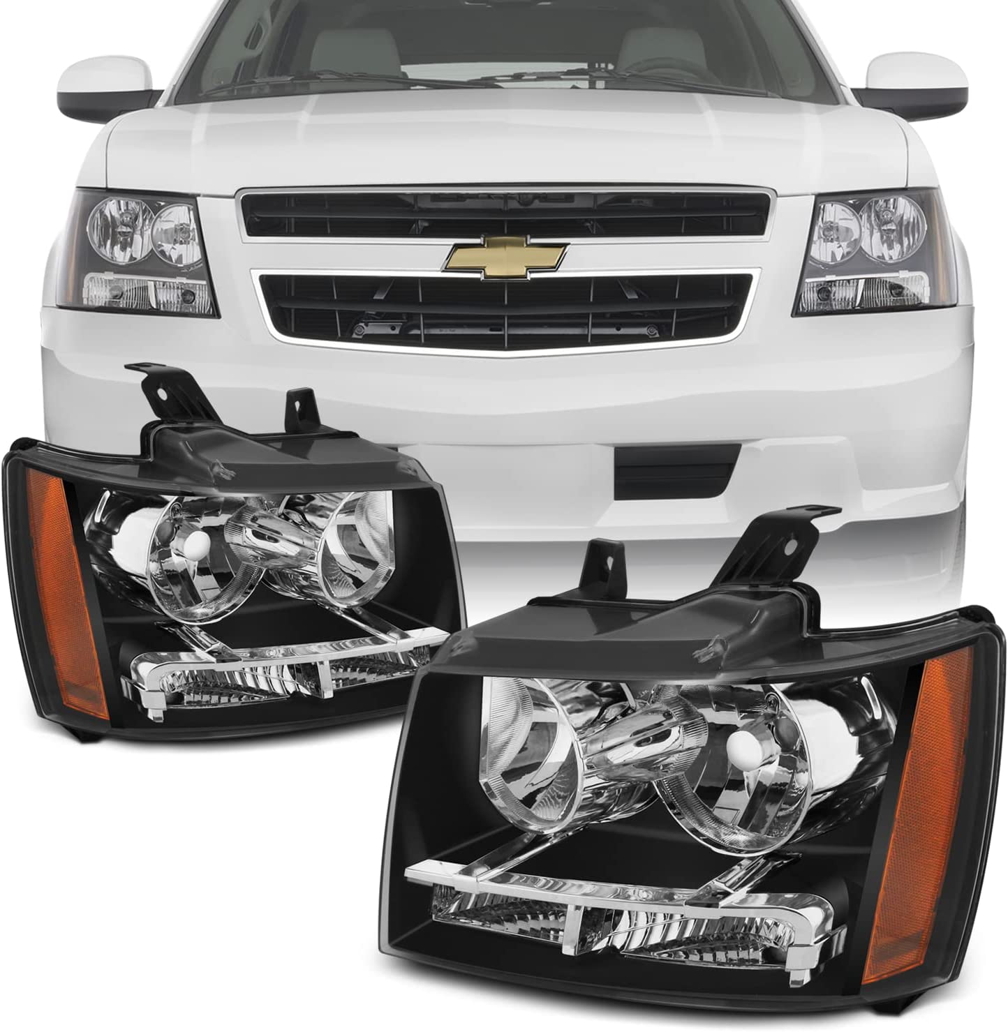 Akkon For 0713 Suburban Tahoe Avalanche Chrome Clear Headlights Direct Replacement Left Right - JSI Racing 