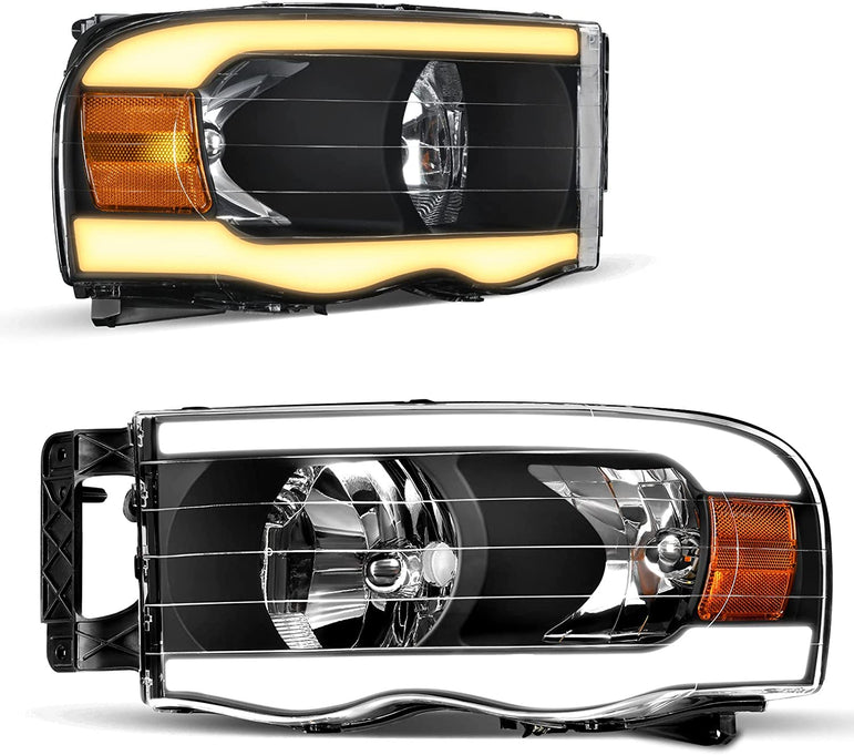 Headlights Assembly For 20022005 Dodge Ram Pickup Headlight Replacement Driving Light Chrome Housing Red Reflector Clear Lens - JSI Racing 