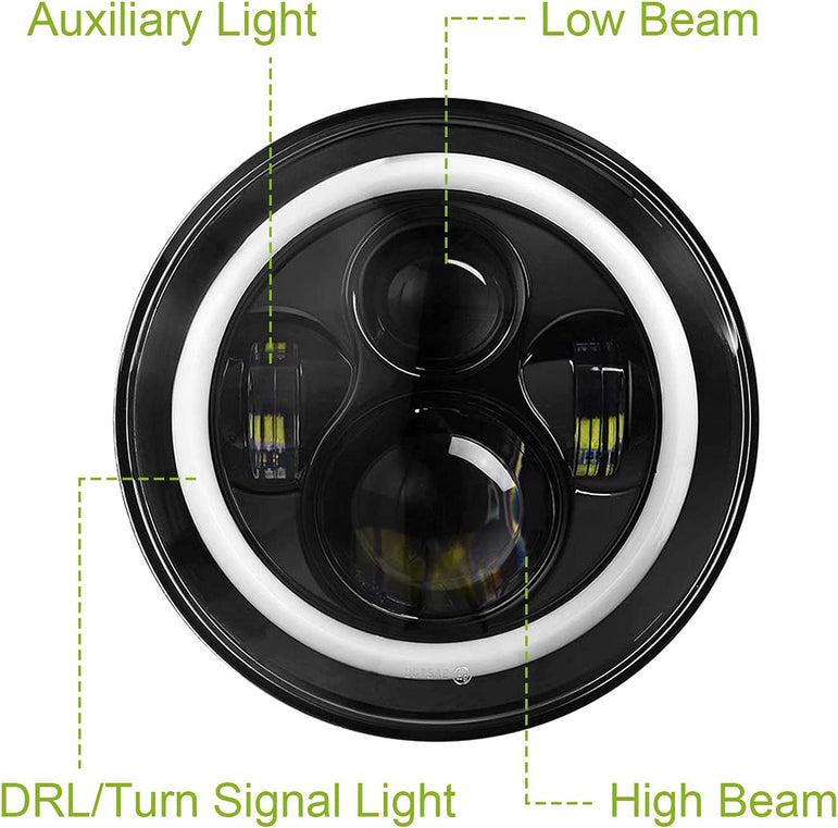 Moclever Round Halo LED Headlight 2pcs 7 Inch Headlights 6000 Lumens Offroad Light Angle Eyes Compatible With Jep Wrangler Tj Jk Cj H4 To H13 Adapter Plug And Play - JSI Racing 