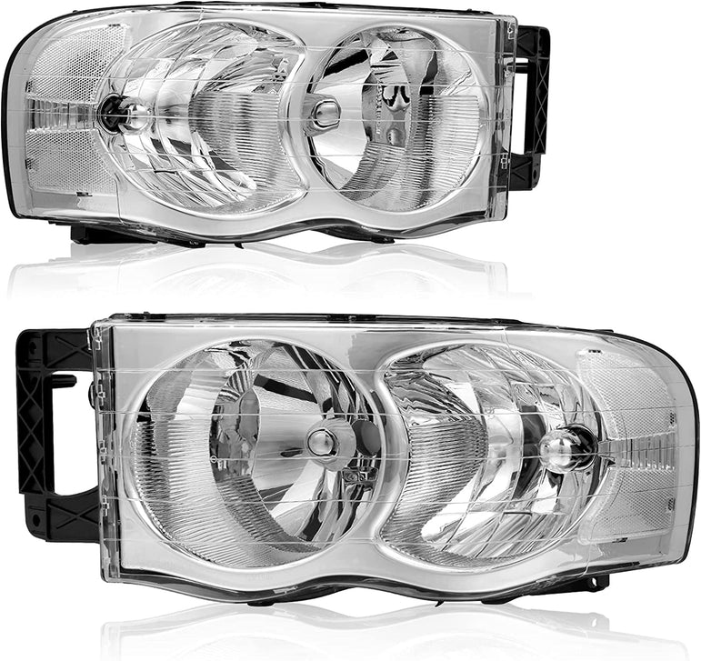 Headlights Assembly For 20022005 Dodge Ram Pickup Headlight Replacement Driving Light Chrome Housing Red Reflector Clear Lens - JSI Racing 