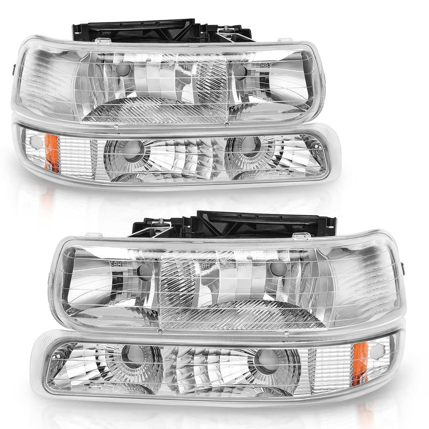 Autosaver88 Headlight Assembly Compatible With 9902 Chevy Silverado 1500 25000102 1500hd 2500hd 35000006 Tahoe Suburban 2500 Headlamp Bumper Lights Chrome Housing Amber Reflector - JSI Racing 