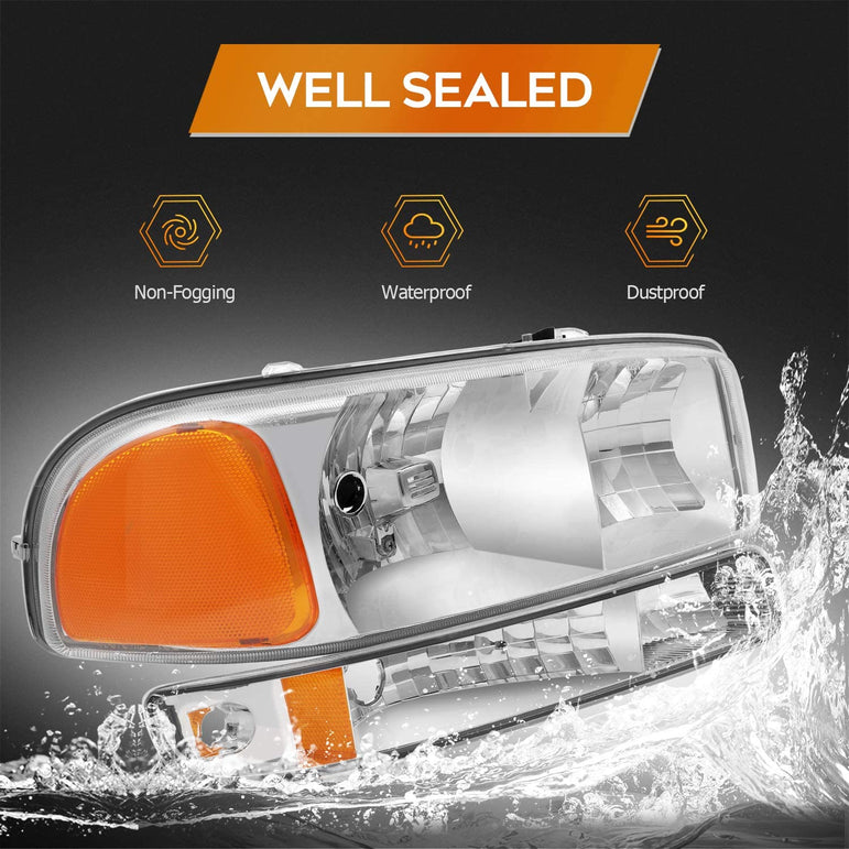 Lbrst Headlight Assembly For Gmc Sierra 1500 19992006 Classic 2007 Chrome Housing Amber Reflector Clear Lens Driver And Passenger Side Headlamp - JSI Racing 