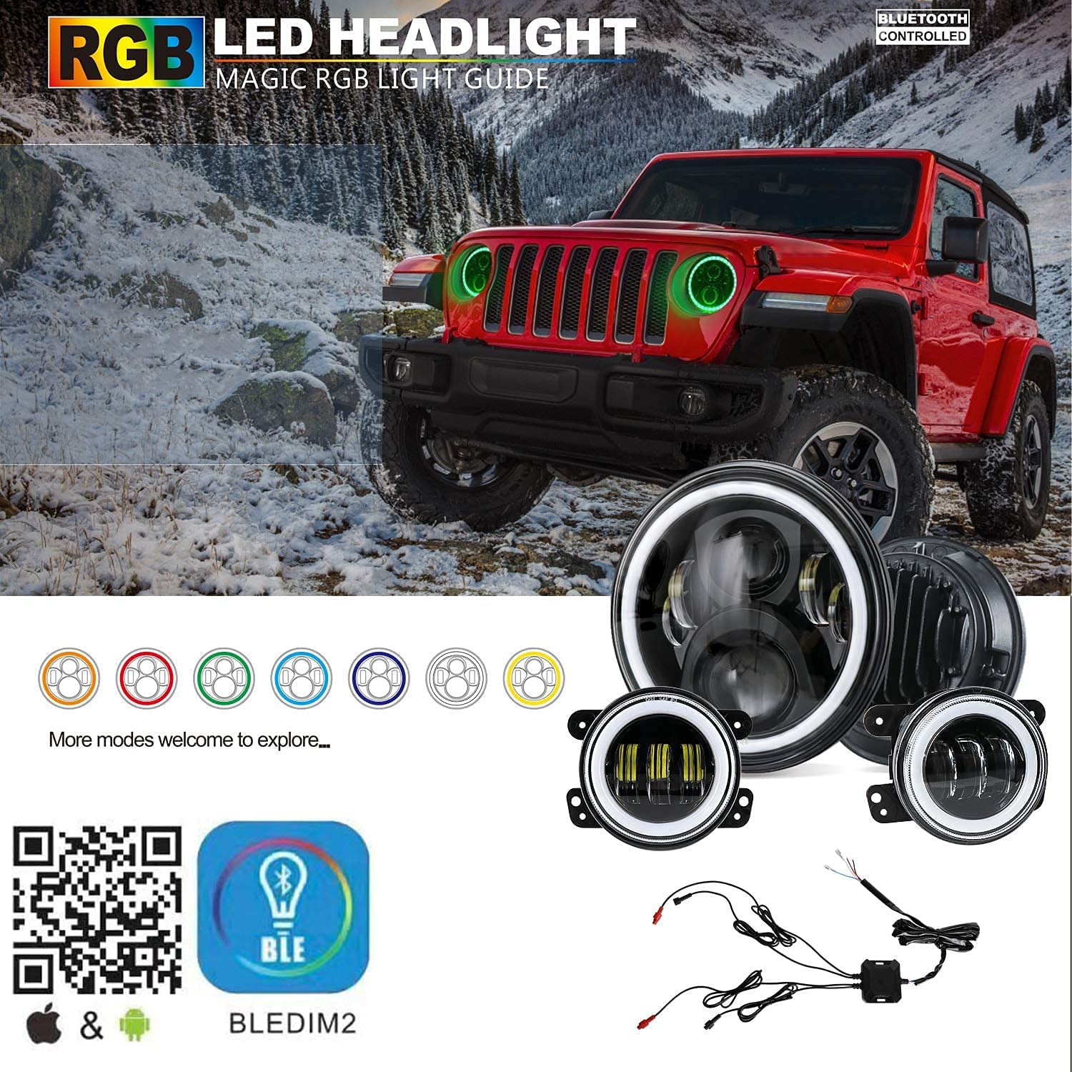 1997-2018 Jeep Wrangler 7 Inch RGB Halo Headlights And Fog Lights Bluetooth Color Control Dot Kits For 19972018 Jk Jku Tj Ljw Ring Drl Amber Turn Signal hi/lo Beam Multicolor - JSI Racing 