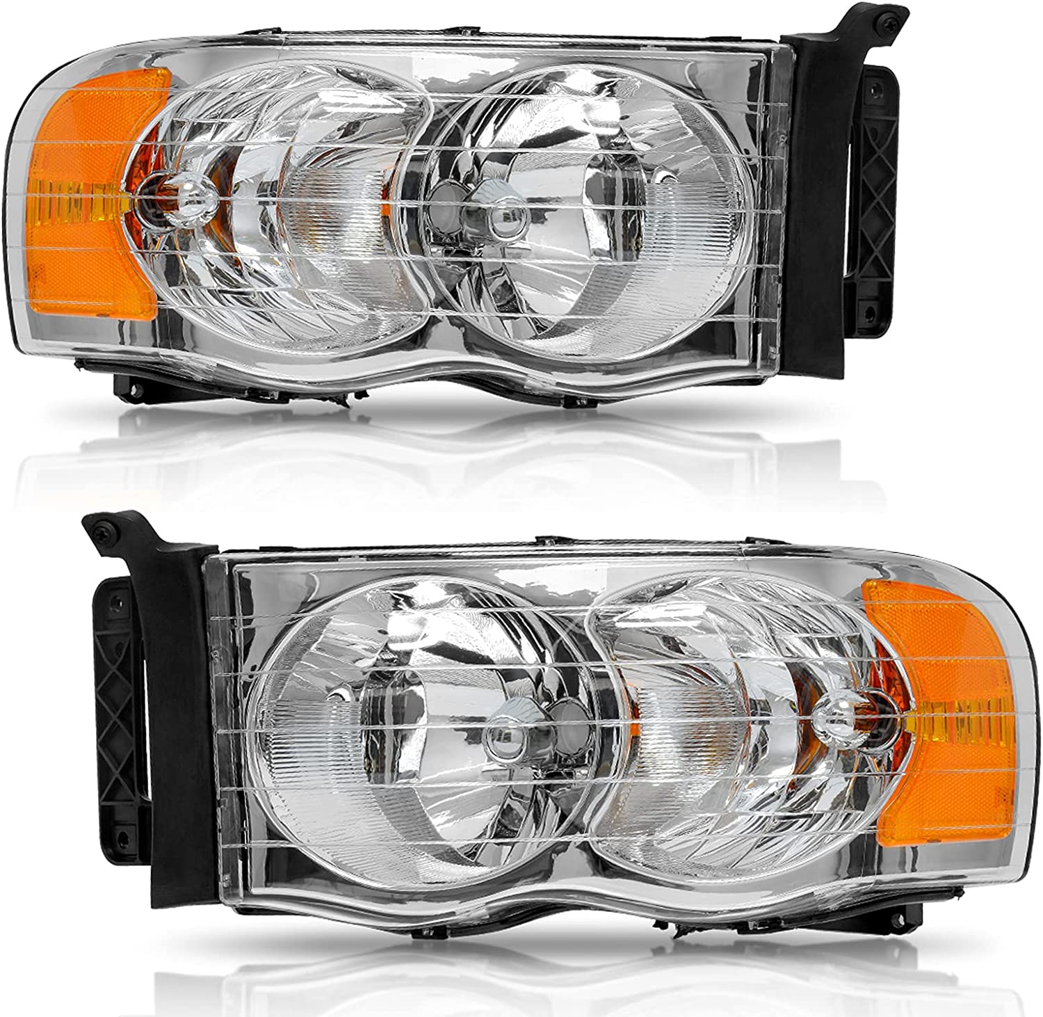 Headlights Assembly For 20022005 Dodge Ram Pickup Headlight Replacement Driving Light Chrome Housing Red Reflector Clear Lens - JSI Racing 