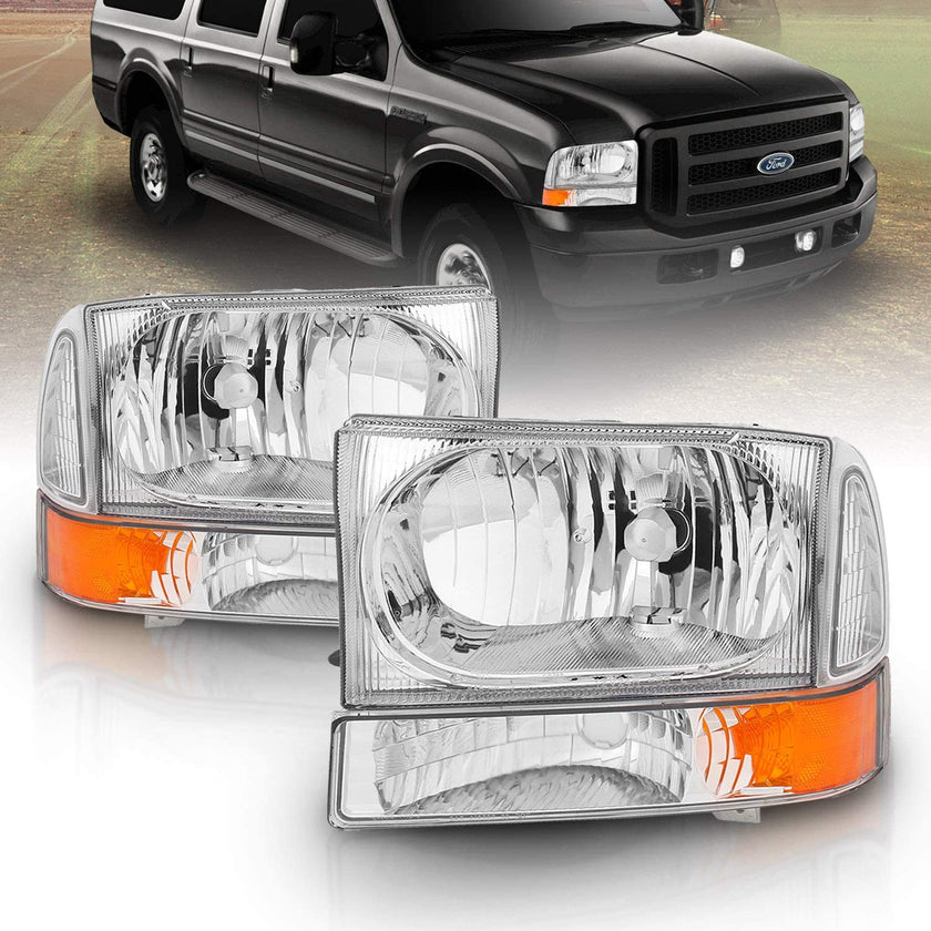 Amerilite For Ford Super Duty F250 F350 F450 F550 Excursion Chrome Factory Style Replacement Headlights Wbumper Corner Set Passenger And Driver Side - JSI Racing 