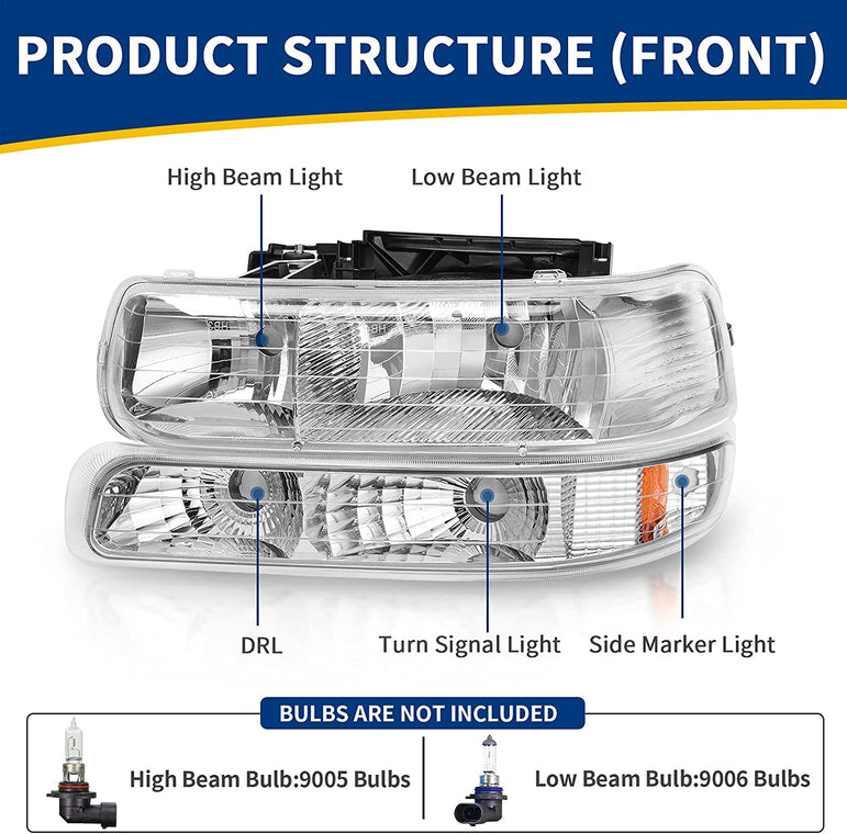 Autosaver88 Headlight Assembly Compatible With 9902 Chevy Silverado 1500 25000102 1500hd 2500hd 35000006 Tahoe Suburban 2500 Headlamp Bumper Lights Chrome Housing Amber Reflector - JSI Racing 