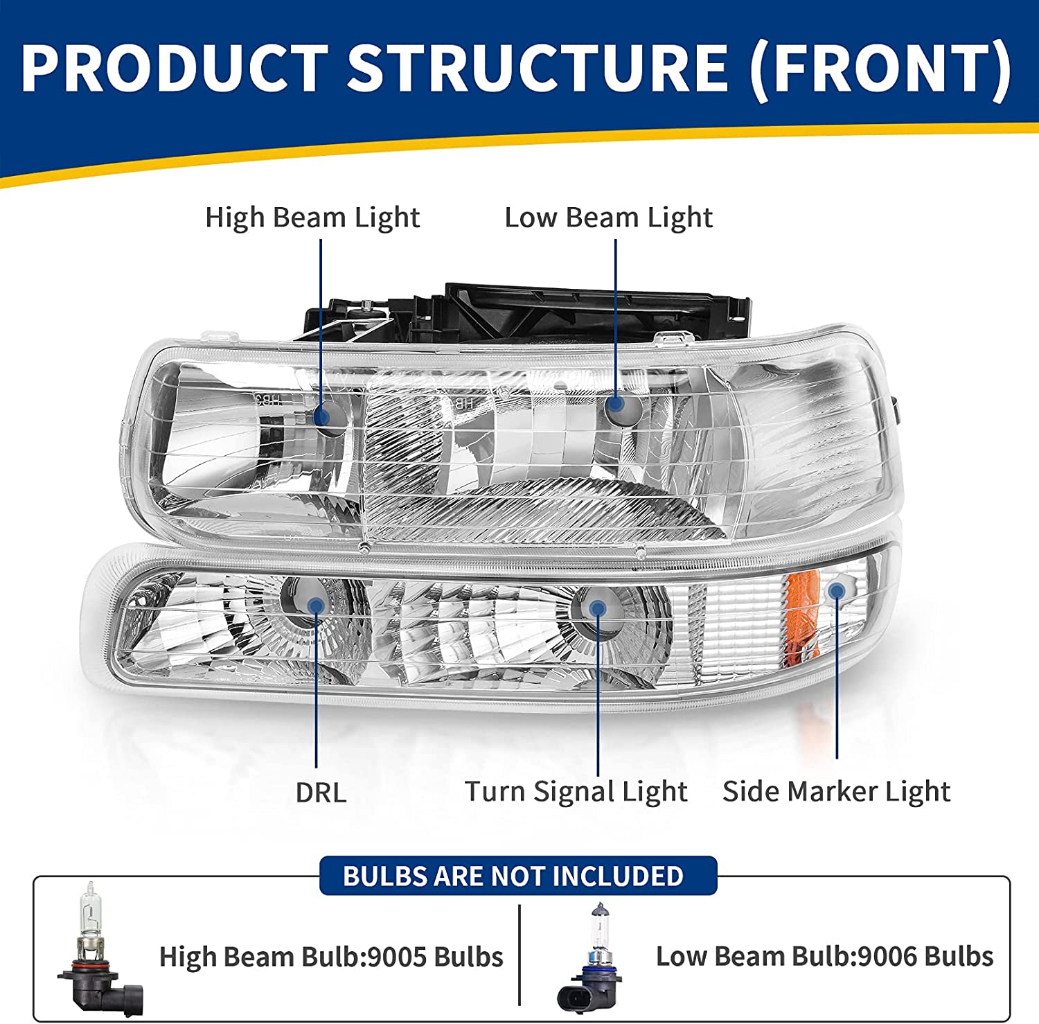 Autosaver88 Headlight Assembly Compatible With 9902 Chevy Silverado 1500 25000102 1500hd 2500hd 35000006 Tahoe Suburban 2500 Headlamp Bumper Lights Chrome Housing Amber Reflector - JSI Racing 