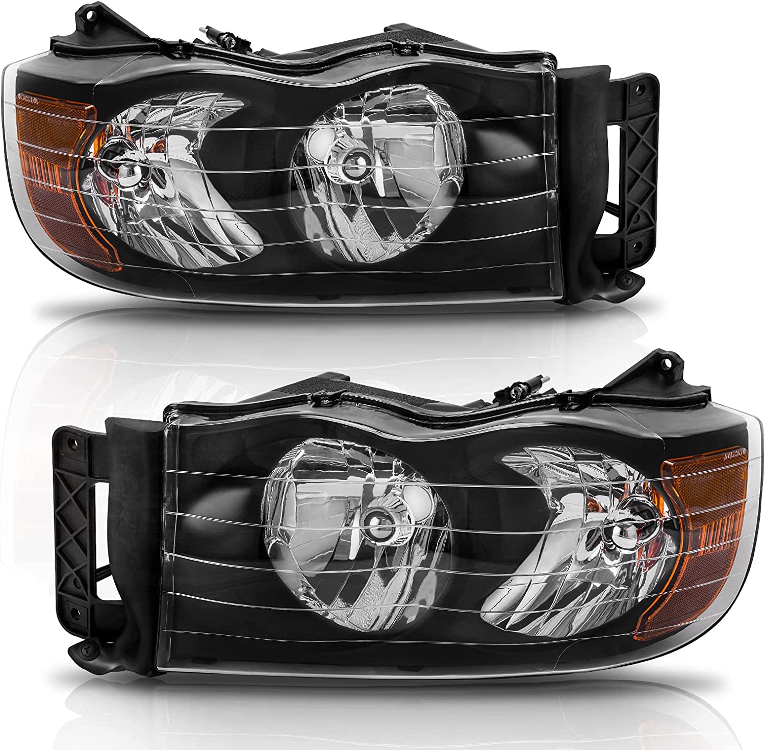 Headlights Assembly For 20022005 Dodge Ram Pickup Headlight Replacement Driving Light Chrome Housing Red Reflector Clear Lens - JSI Racing 