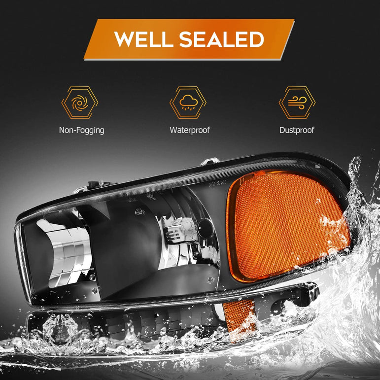 Lbrst Headlight Assembly For Gmc Sierra 1500 19992006 Classic 2007 2500 19992004 Black Housing Amber Reflector Clear Lens Driver And Passenger Side Headlamp - JSI Racing 