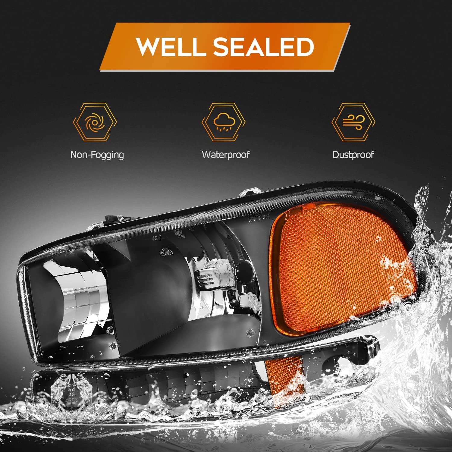 Lbrst Headlight Assembly For Gmc Sierra 1500 19992006 Classic 2007 2500 19992004 Black Housing Amber Reflector Clear Lens Driver And Passenger Side Headlamp - JSI Racing 