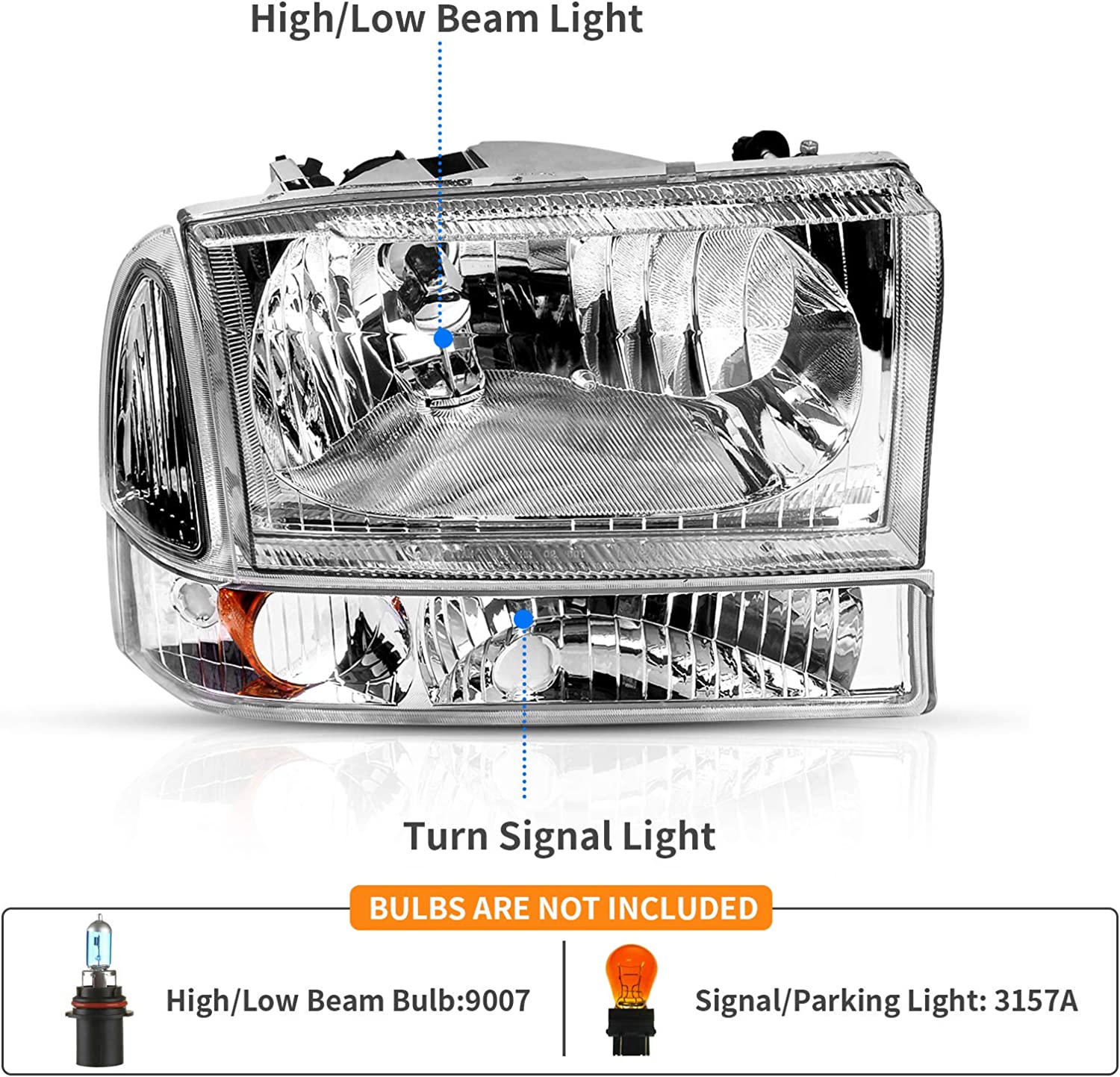 Dwvo Headlight Assembly Compatible With Ford F250 F350 F450 F550 Super Duty Pickup Truck Signal Lamps Chrome Housing Clear Lens Amber Reflector - JSI Racing 