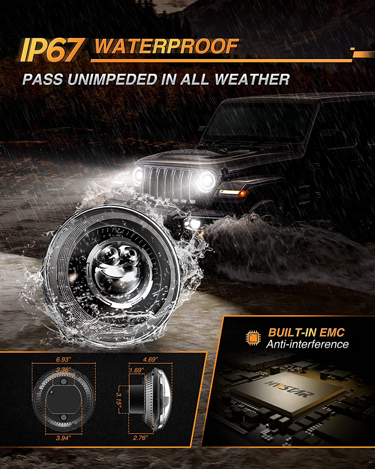 HWSTAR 1000% Bright Anti-Glare 7 Inch Round LED Headlights Compatible with Jeep Wrangler JK JKU TJ LJ Chevy Ford GMC etc. With Starry Boot Gradient Halo Turn Signal DRL H6024 DOT Hi/Lo Sealed Beam - JSI Racing 