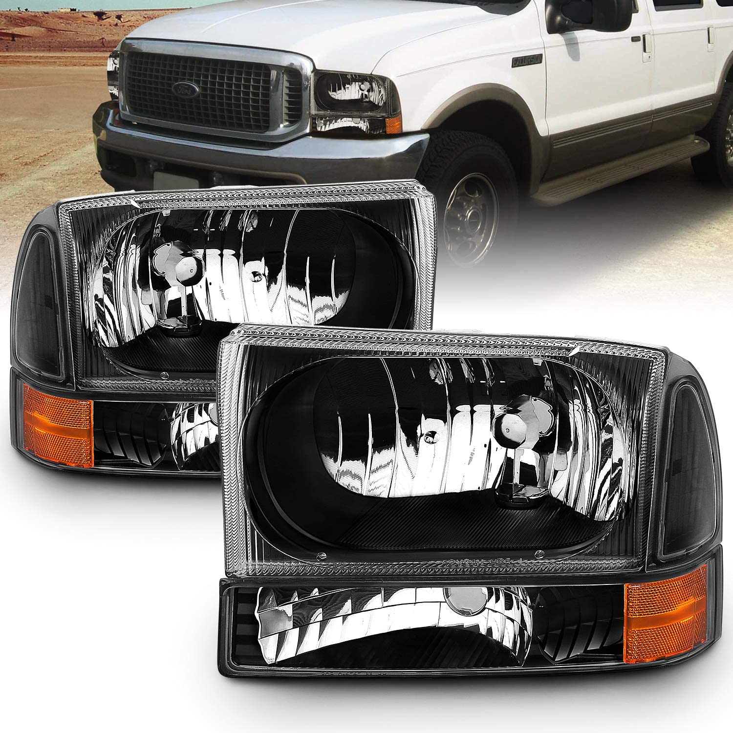 Amerilite For Ford Super Duty F250 F350 F450 F550 Excursion Chrome Factory Style Replacement Headlights Wbumper Corner Set Passenger And Driver Side - JSI Racing 