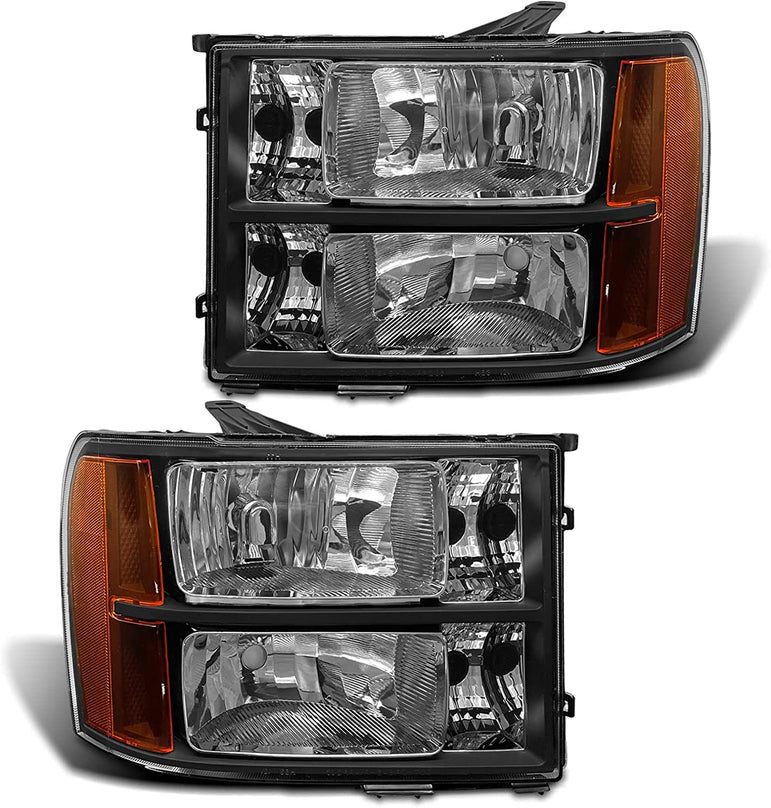 2007-2014 Sierra Headlight Assembly Compatible with 2007-2014 GMC Sierra 1500 / 07-14 GMC Sierra 2500HD 3500HD Chrome Housing with Amber Reflector Replacement Left and Right - JSI Racing 