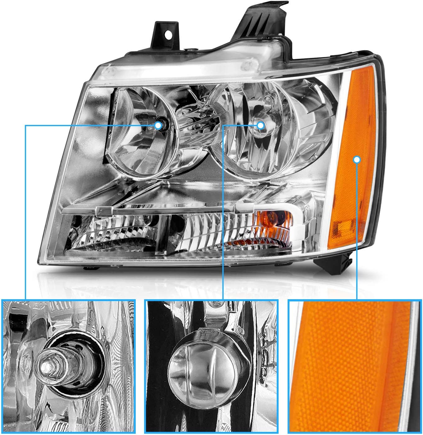Amerilite For Chevy 0713 Tahoesuburbanavalanche Factory Style Replacement Headlights Pair Driver And Passenger Side Chrome Housing - JSI Racing 