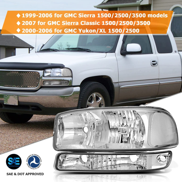 Lbrst Headlight Assembly For Gmc Sierra 1500 19992006 Classic 2007 2500 19992004 Chrome Housing Reflector Clear Lens Driver And Passenger Side Headlamp - JSI Racing 