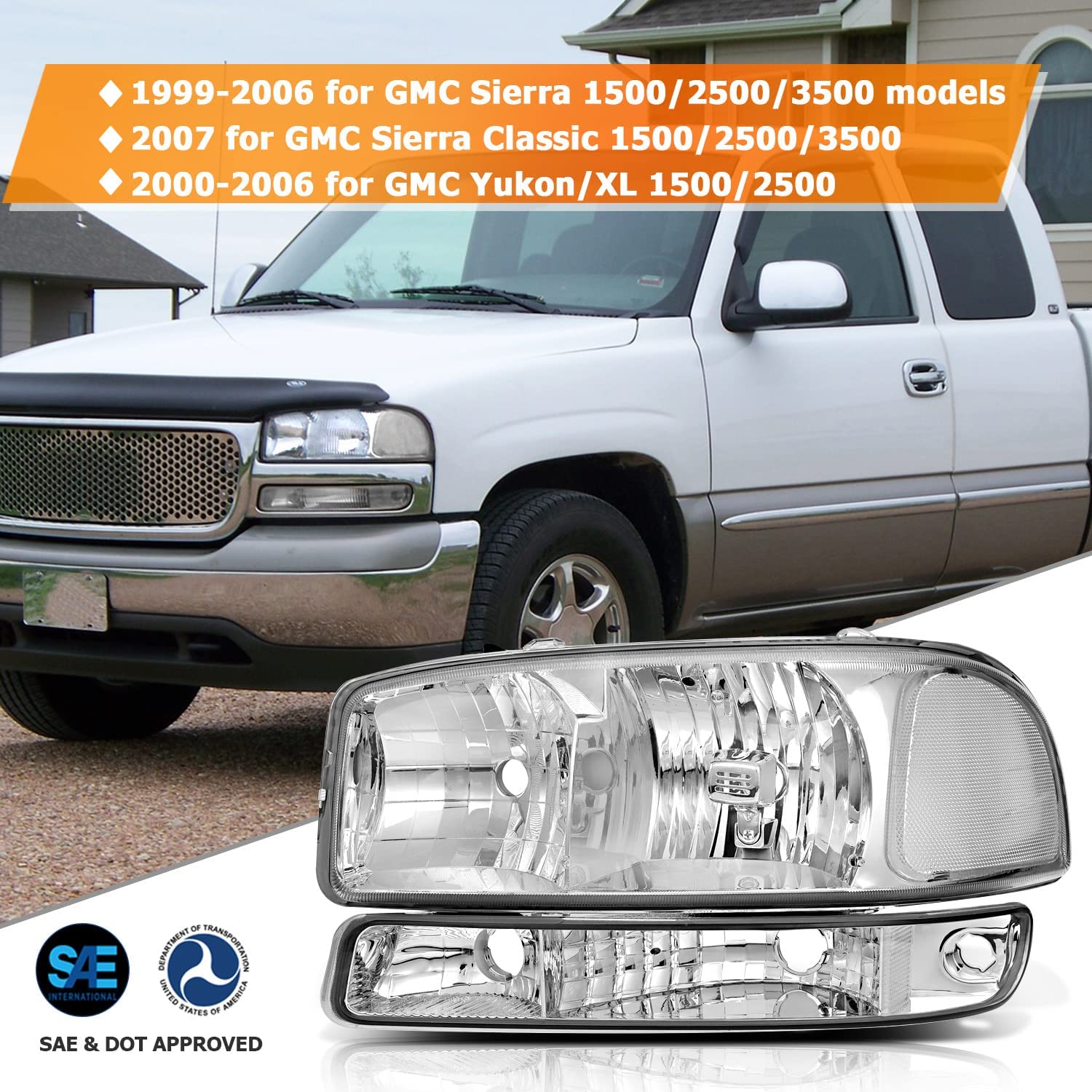 Lbrst Headlight Assembly For Gmc Sierra 1500 19992006 Classic 2007 2500 19992004 Chrome Housing Reflector Clear Lens Driver And Passenger Side Headlamp - JSI Racing 