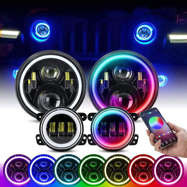 1997-2018 Jeep Wrangler 7 Inch RGB Halo Headlights And Fog Lights Bluetooth Color Control Dot Kits For 19972018 Jk Jku Tj Ljw Ring Drl Amber Turn Signal hi/lo Beam Multicolor - JSI Racing 
