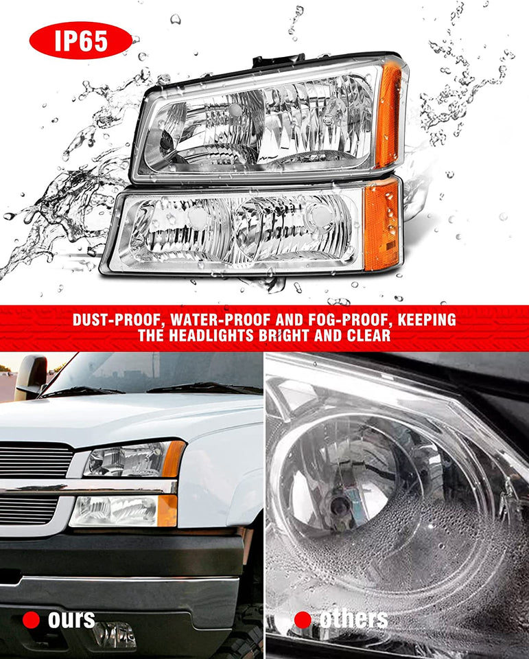 2003-2006 Silverado Headlight Assembly For Chevy Avalanche 150025003500 Clear Chrome Lens With Amber Reflector Replacement Left And Right - JSI Racing 