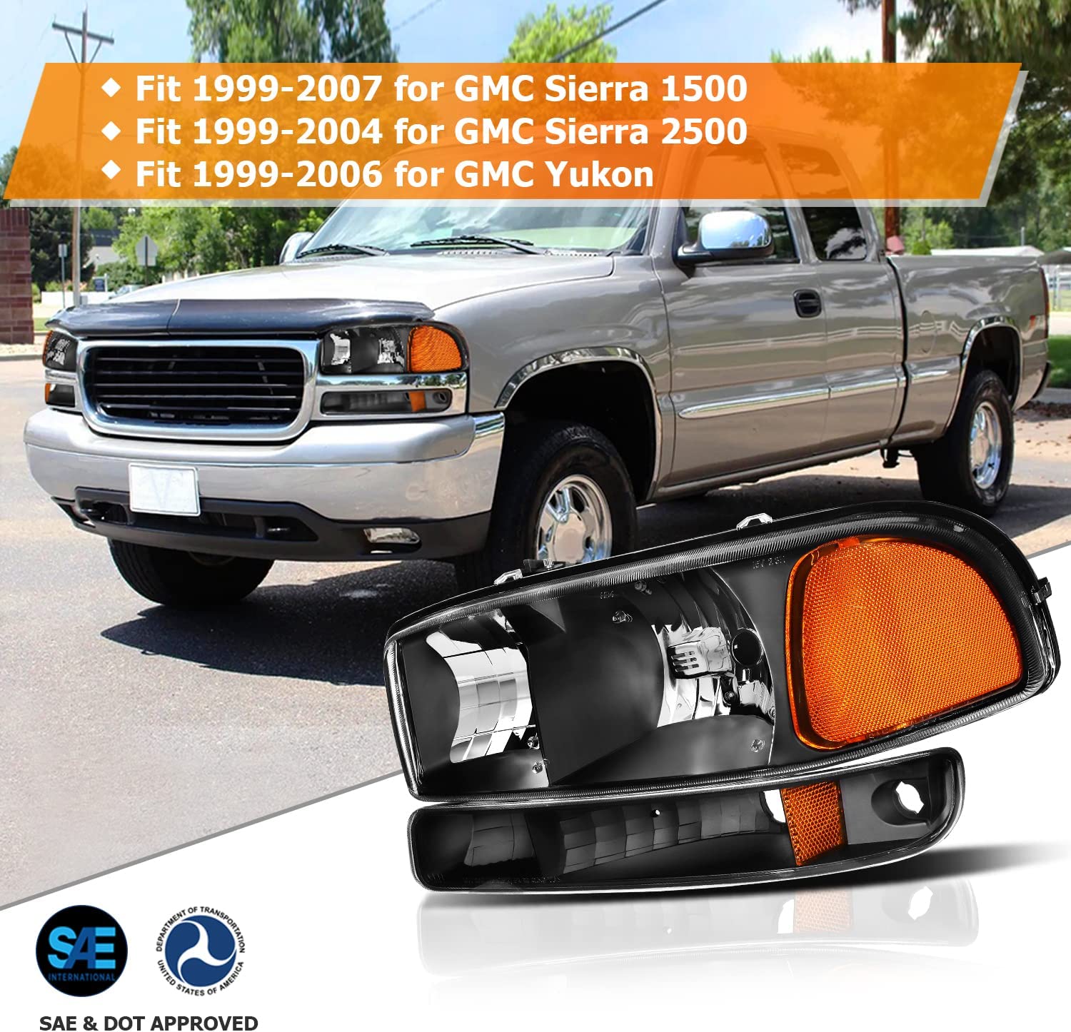 Lbrst Headlight Assembly For Gmc Sierra 1500 19992006 Classic 2007 2500 19992004 Black Housing Amber Reflector Clear Lens Driver And Passenger Side Headlamp - JSI Racing 