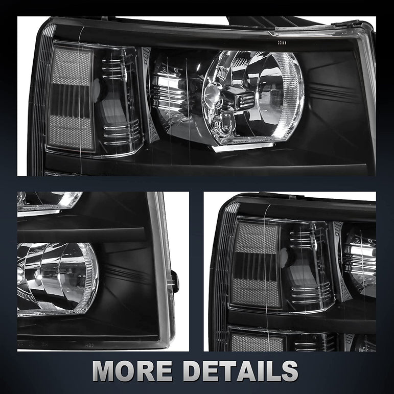 Mostplus Headlight Assembly Compatible With Chevy Chevrolet Silverado 1500 2500 3500 Black Housing Clear Lens Amber Reflector - JSI Racing 
