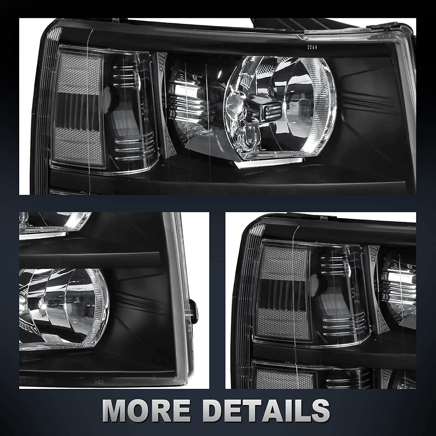 Mostplus Headlight Assembly Compatible With Chevy Chevrolet Silverado 1500 2500 3500 Black Housing Clear Lens Amber Reflector - JSI Racing 
