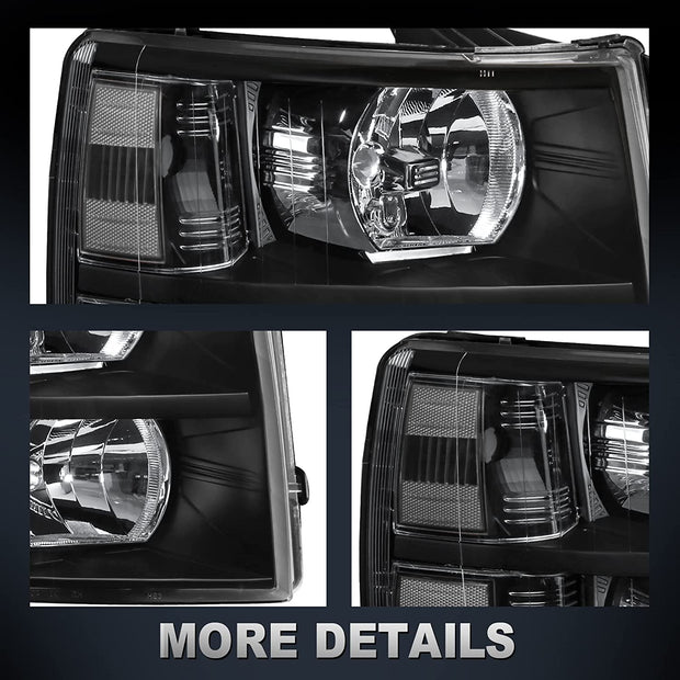 Mostplus Headlight Assembly Compatible With Chevy Chevrolet Silverado 1500 2500 3500 Black Housing Clear Lens Amber Reflector - JSI Racing 