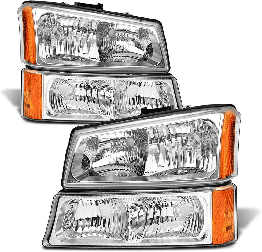 2003-2006 Silverado Headlight Assembly For Chevy Avalanche 150025003500 Clear Chrome Lens With Amber Reflector Replacement Left And Right - JSI Racing 