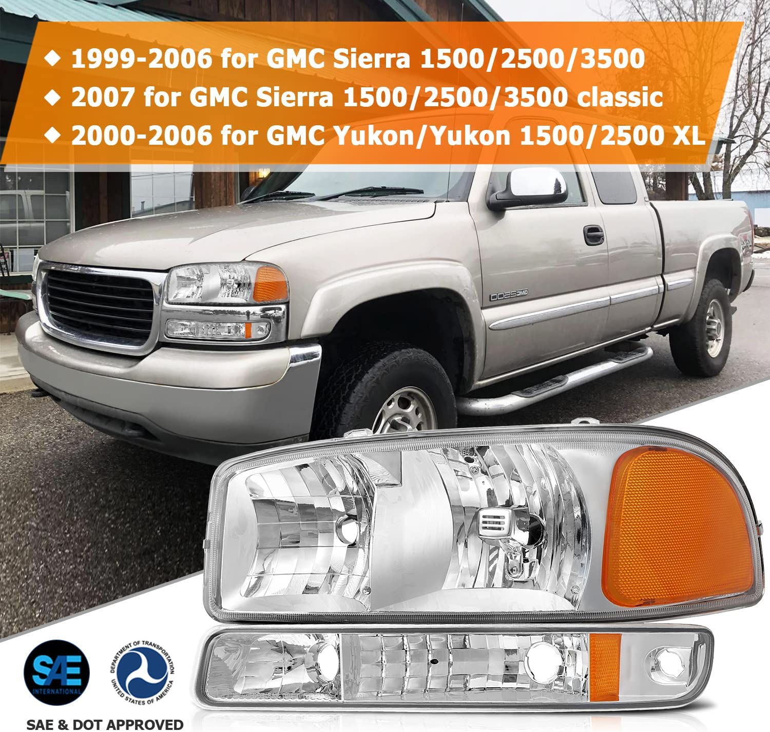 Lbrst Headlight Assembly For Gmc Sierra 1500 19992006 Classic 2007 Chrome Housing Amber Reflector Clear Lens Driver And Passenger Side Headlamp - JSI Racing 