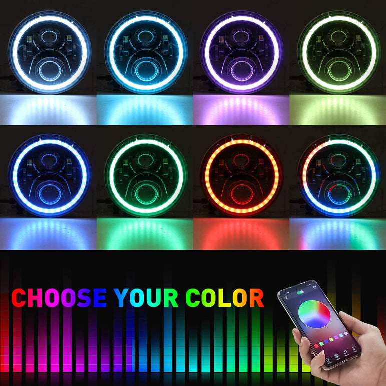 1997-2018 Jeep Wrangler 7 Inch RGB Halo Headlights And Fog Lights Bluetooth Color Control Dot Kits For 19972018 Jk Jku Tj Ljw Ring Drl Amber Turn Signal hi/lo Beam Multicolor - JSI Racing 