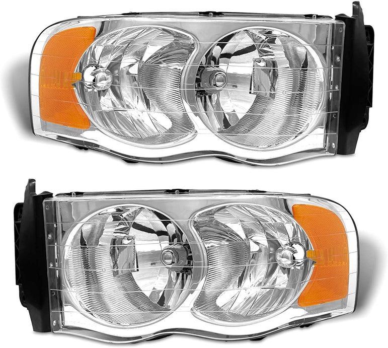 2002-2005 Dodge Ram Headlight Assembly For 1500 2500 3500 20032005 Clear Chrome Lens With Amber Reflector Replacement Left Right - JSI Racing 