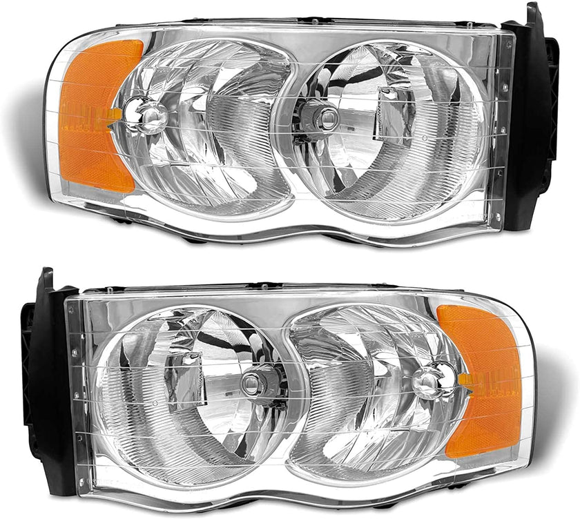 2002-2005 Dodge Ram Headlight Assembly For 1500 2500 3500 20032005 Clear Chrome Lens With Amber Reflector Replacement Left Right - JSI Racing 
