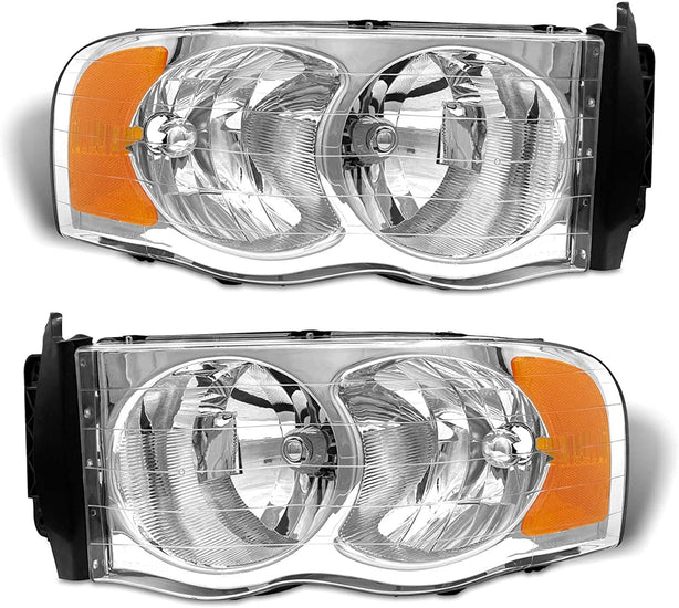 2002-2005 Dodge Ram Headlight Assembly For 1500 2500 3500 20032005 Clear Chrome Lens With Amber Reflector Replacement Left Right - JSI Racing 