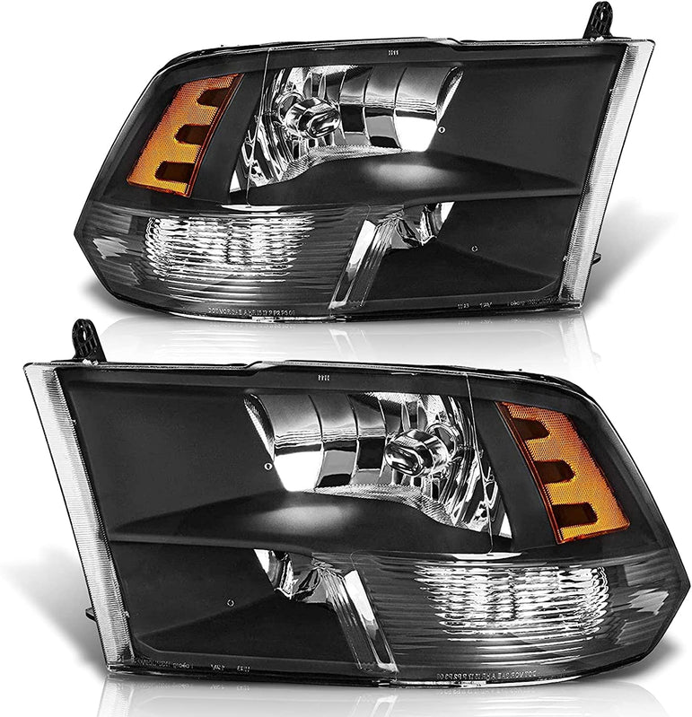 2009-2018 Dodge Ram Headlight Assembly Compatible with Ram 1500 / Ram 2500 3500 / 2010-2018 / Ram 2500 3500 / 2019-2021 Ram 1500 Classic, Chrome Housing Amber Reflector Replacement - JSI Racing 