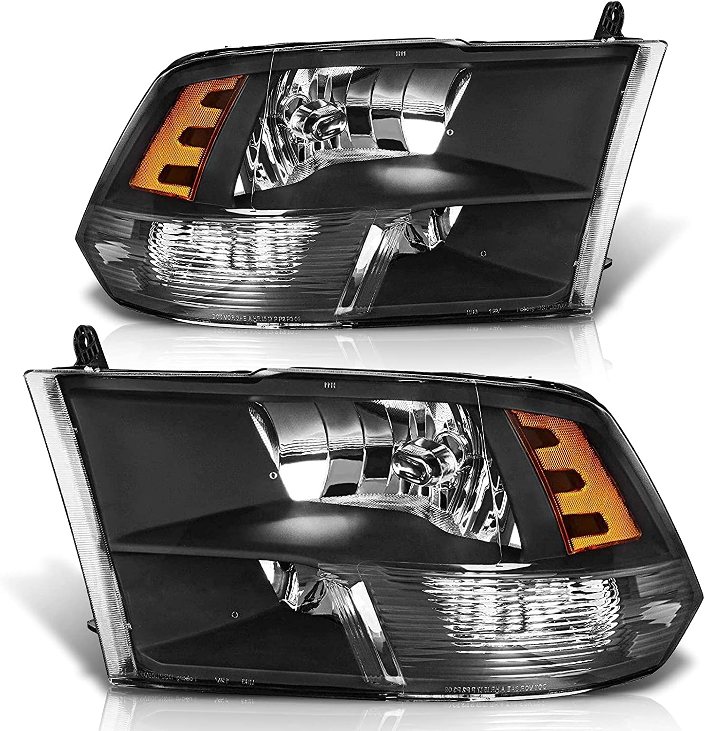 2009-2018 Dodge Ram Headlight Assembly Compatible with Ram 1500 / Ram 2500 3500 / 2010-2018 / Ram 2500 3500 / 2019-2021 Ram 1500 Classic, Chrome Housing Amber Reflector Replacement - JSI Racing 