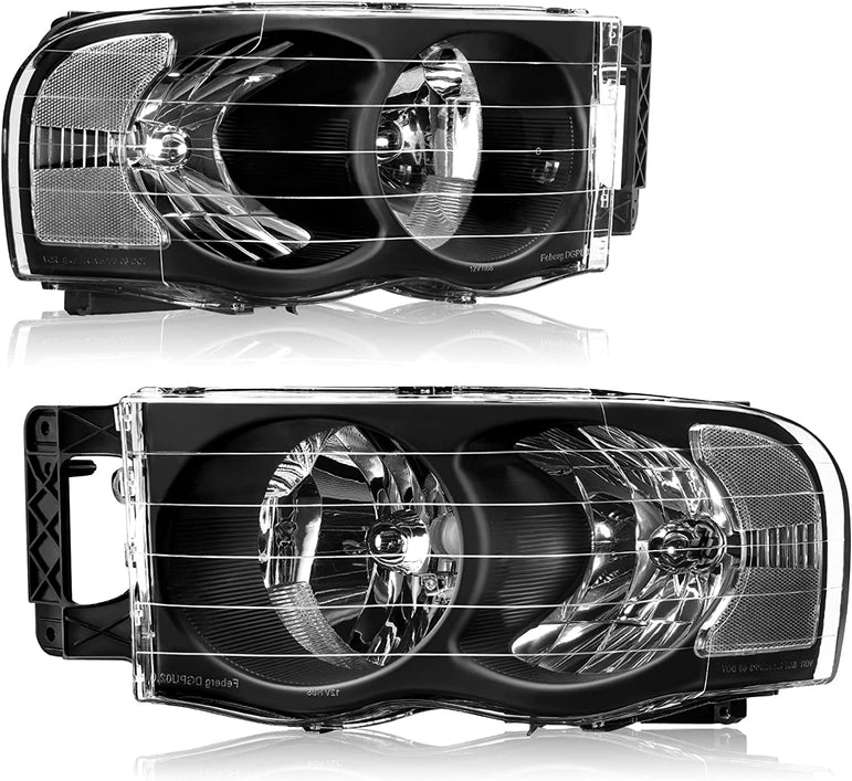 Headlights Assembly For 20022005 Dodge Ram Pickup Headlight Replacement Driving Light Chrome Housing Red Reflector Clear Lens - JSI Racing 