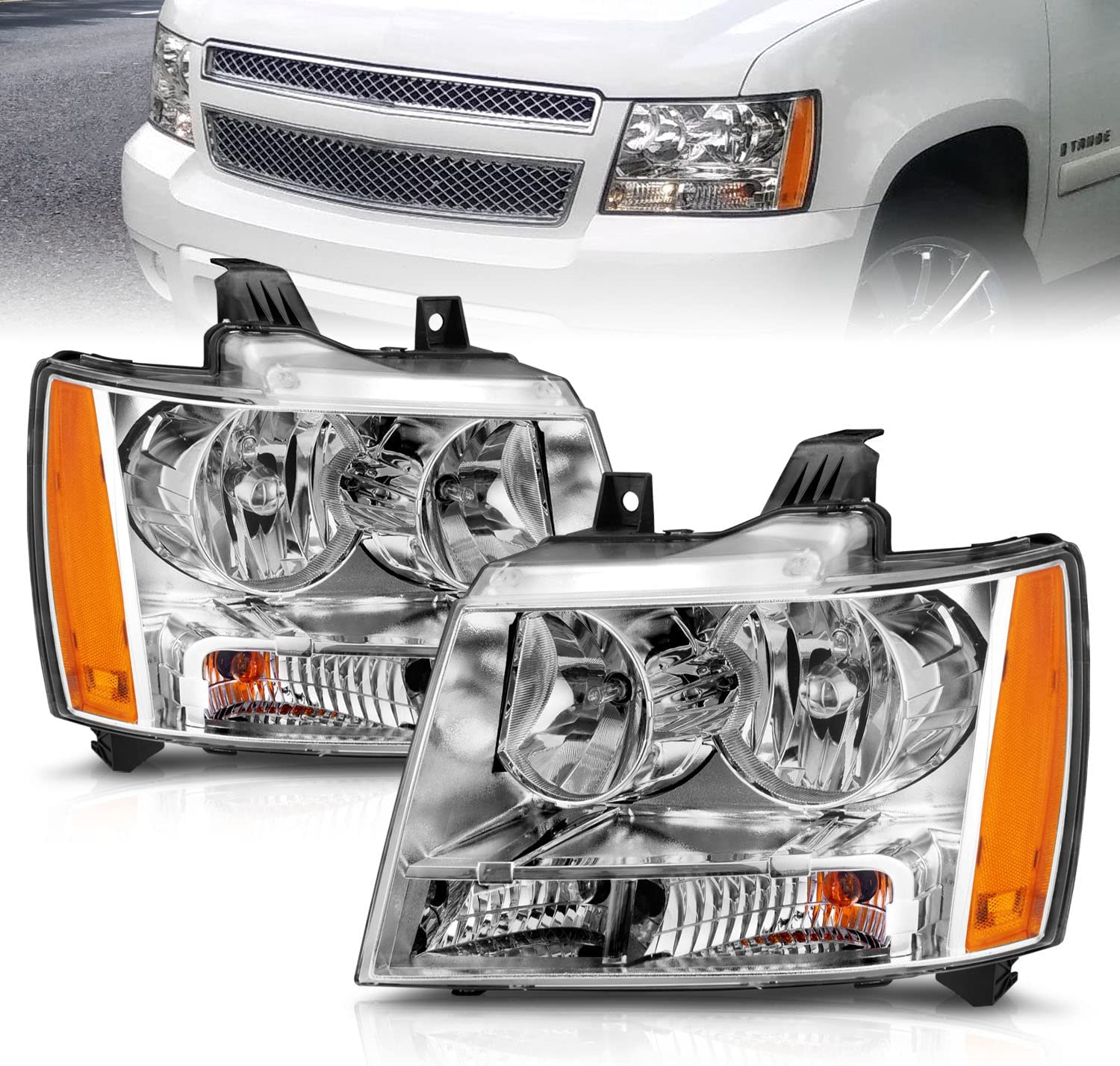 Amerilite For Chevy 0713 Tahoesuburbanavalanche Factory Style Replacement Headlights Pair Driver And Passenger Side Chrome Housing - JSI Racing 