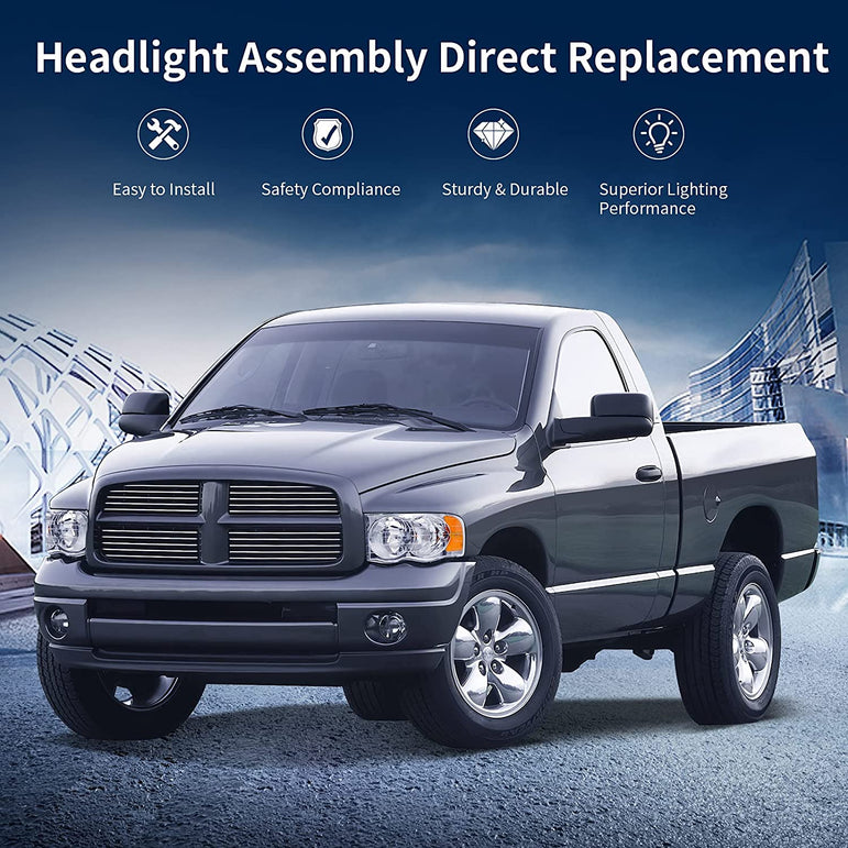 Headlights Assembly For 20022005 Dodge Ram Pickup Headlight Replacement Driving Light Chrome Housing Red Reflector Clear Lens - JSI Racing 