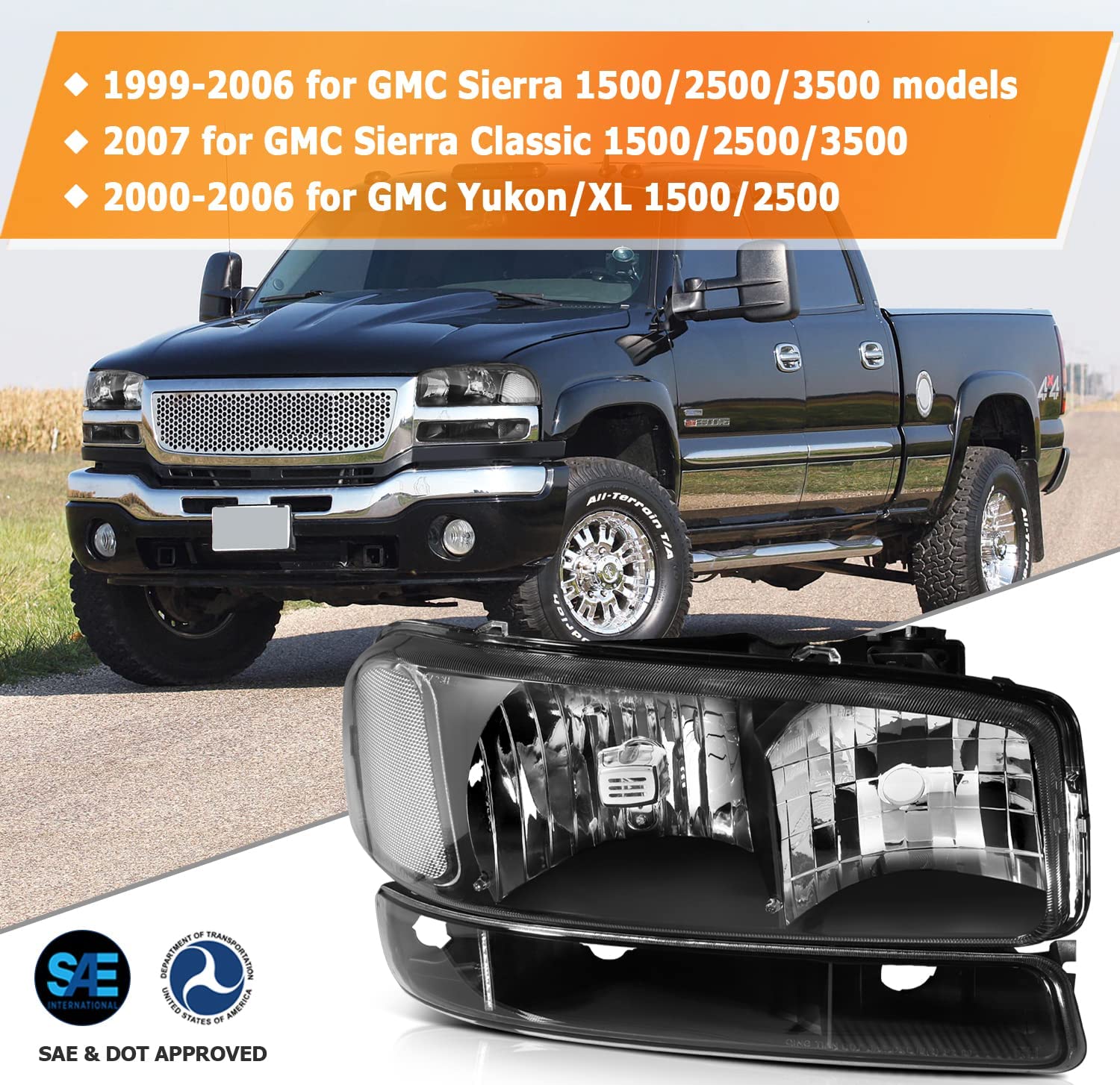 Lbrst Headlights Assembly For 19992006 Gmc Sierra 1500 20072007 Classic Black Housing Reflector Clear Lens Driver Passenger Side - JSI Racing 
