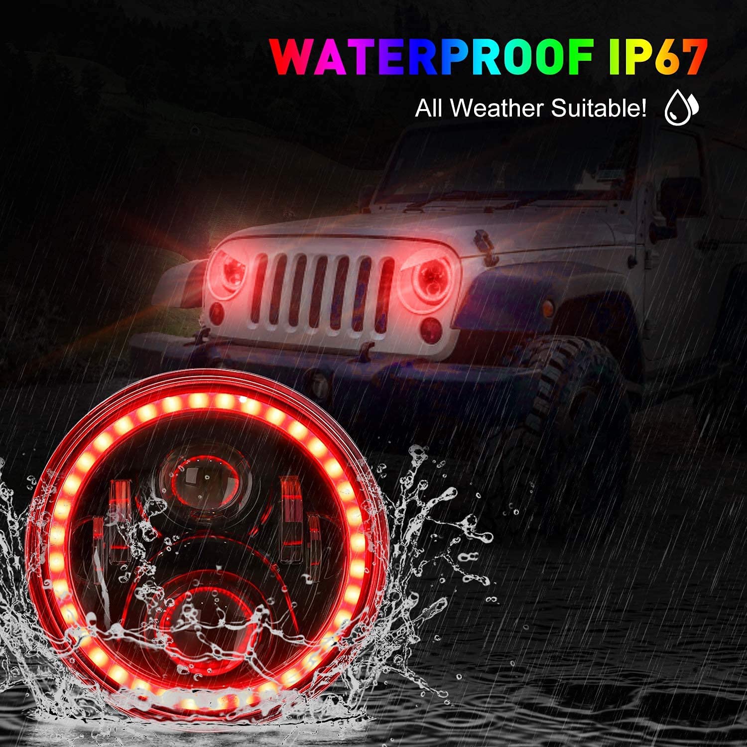 1997-2018 Jeep Wrangler 7 Inch RGB Halo Headlights And Fog Lights Bluetooth Color Control Dot Kits For 19972018 Jk Jku Tj Ljw Ring Drl Amber Turn Signal hi/lo Beam Multicolor - JSI Racing 