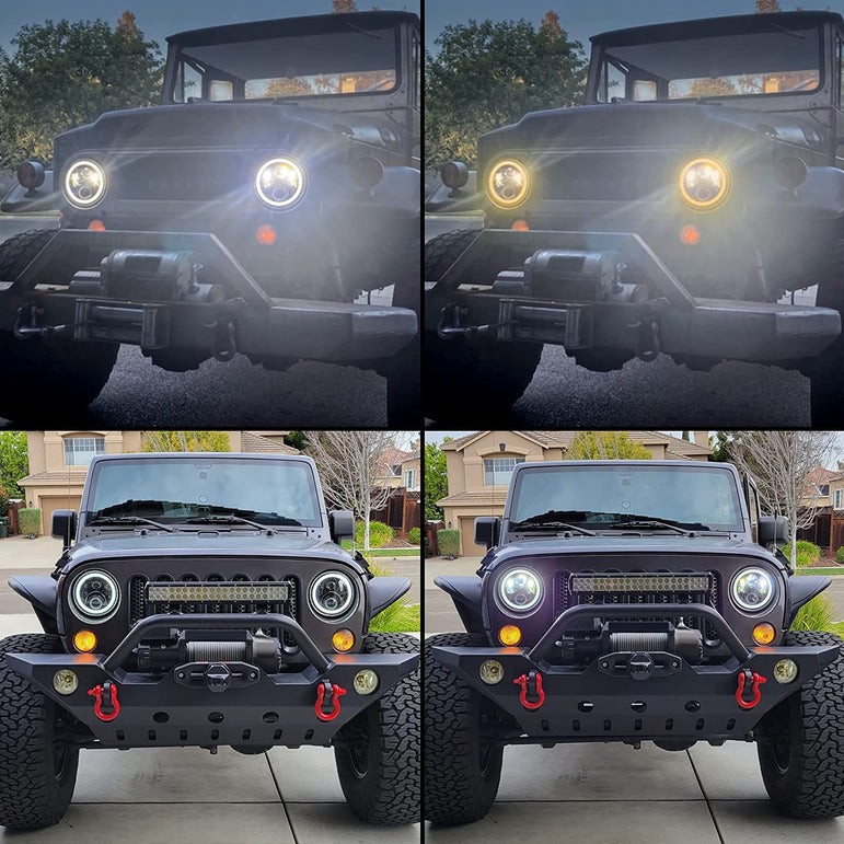 Haitzu 7 Inch LED Round Black Hilo Sealed Beam Headlight Dot Approved Compatible With Jeep Wrangler Jk Hummer H1 H2halo Amber Turn Light Drl H6024 Replacementincluded H4h13 Adaptor 2 Pcs - JSI Racing 