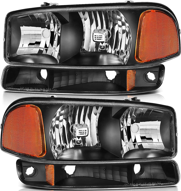 Lbrst Headlight Assembly For Gmc Sierra 1500 19992006 Classic 2007 2500 19992004 Black Housing Amber Reflector Clear Lens Driver And Passenger Side Headlamp - JSI Racing 