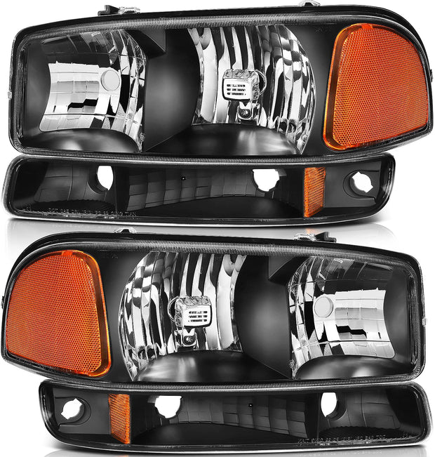 Lbrst Headlight Assembly For Gmc Sierra 1500 19992006 Classic 2007 2500 19992004 Black Housing Amber Reflector Clear Lens Driver And Passenger Side Headlamp - JSI Racing 