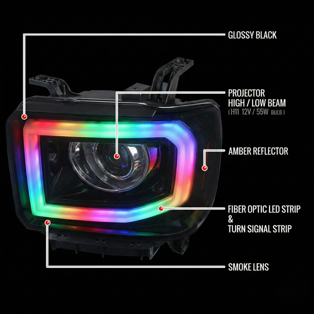NTXGlow RGB headlights (14 - 19 GMC Sierra 1500 / 2500 / 3500) - JSI Racing 