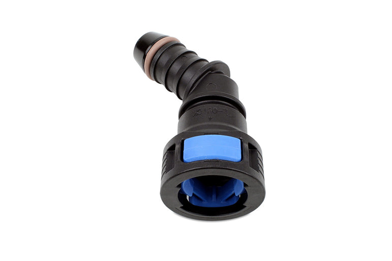 RaceFlux Hose Barb to Female Quick Connect, 45-Degree, Double Button