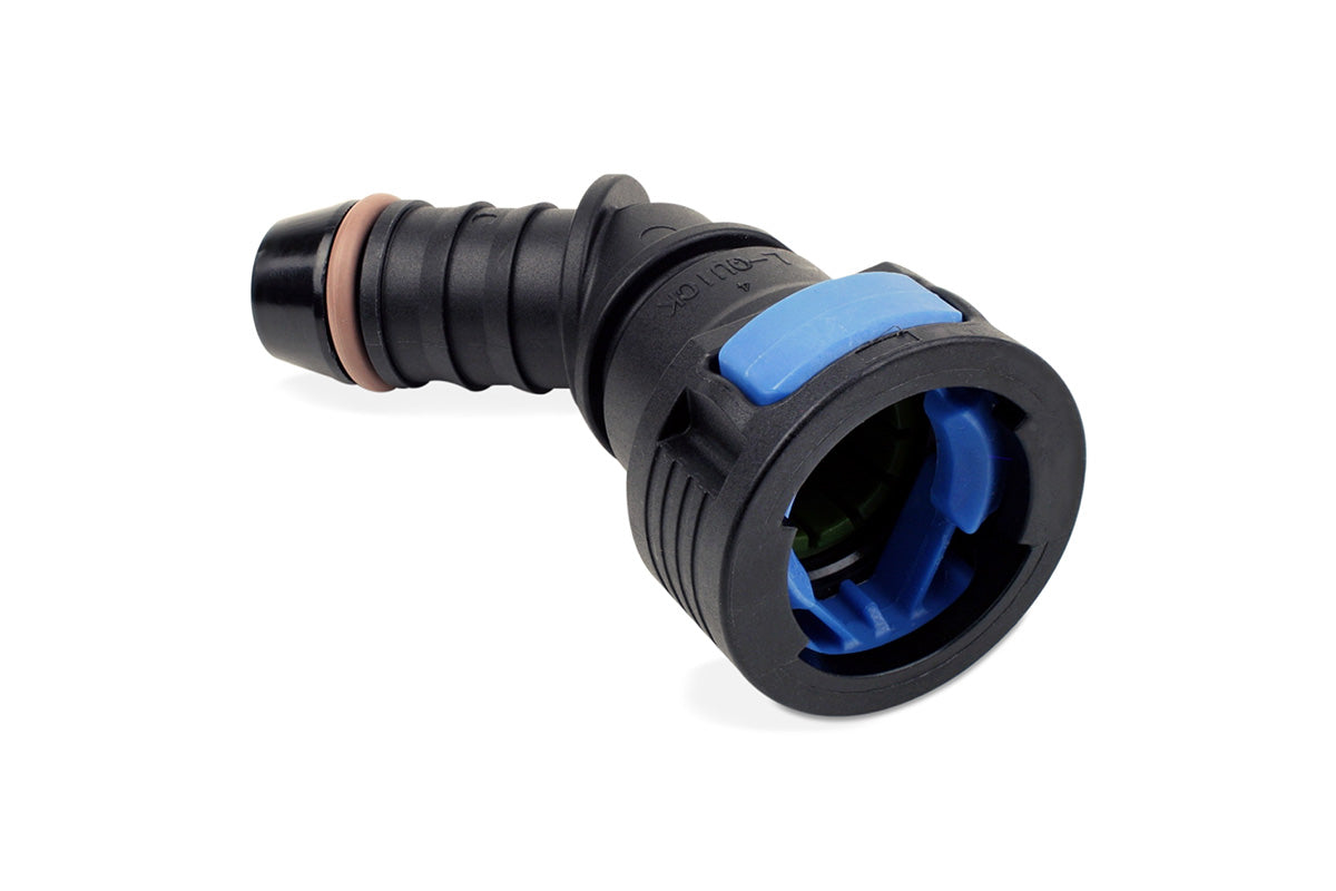 RaceFlux Hose Barb to Female Quick Connect, 45-Degree, Double Button