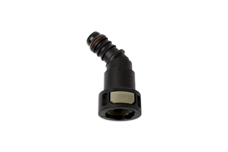 RaceFlux Hose Barb to Female Quick Connect, 45-Degree, Double Button
